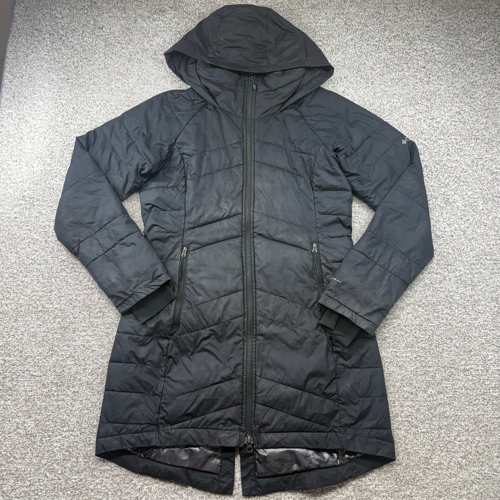 Women's Columbia Black Puffer Hooded Dual Zipper Omni-Heat Long Jacket Size S